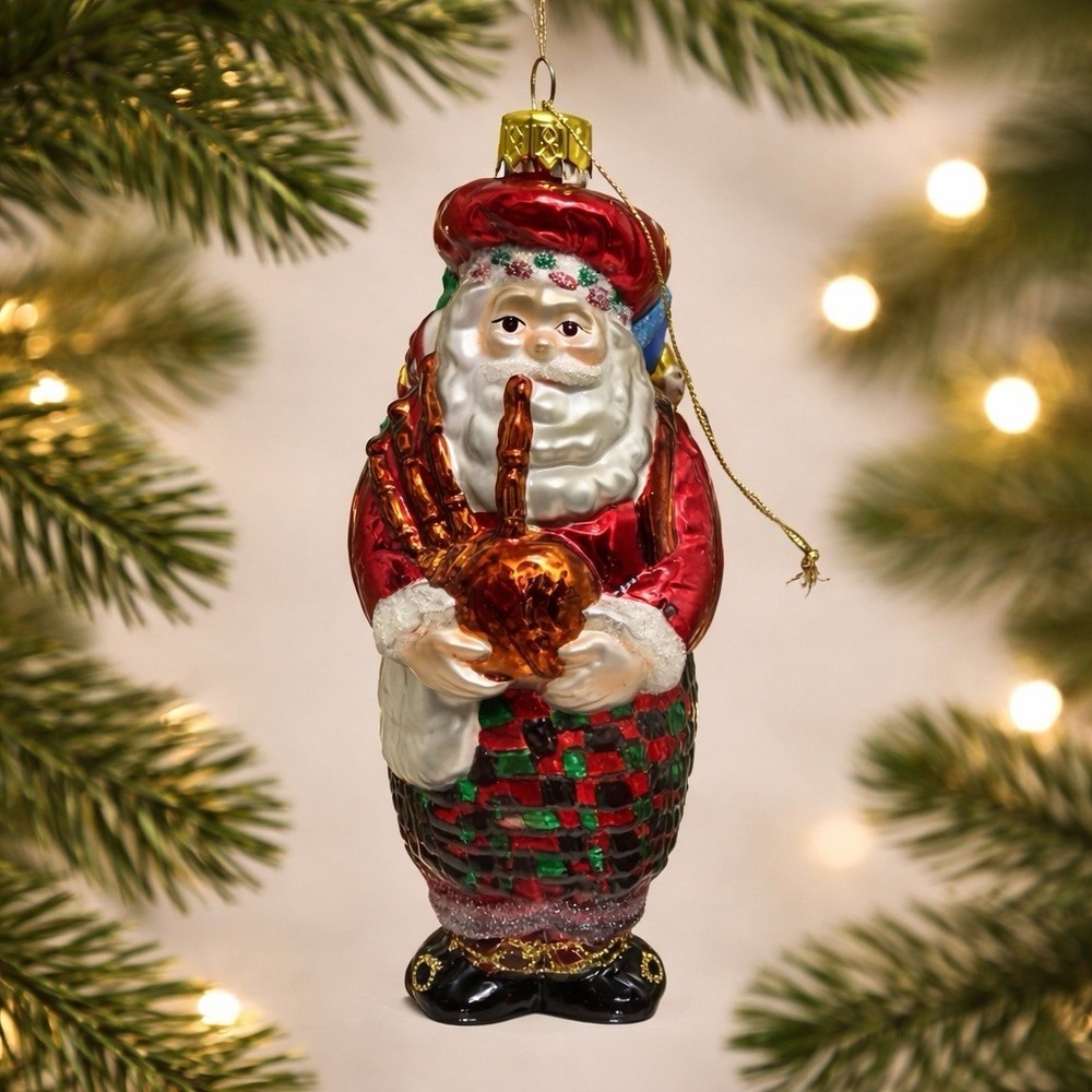 Kurt S Adler Glass Santa Ornament Feather Tree Plaid Coat Boxed Vintage Style